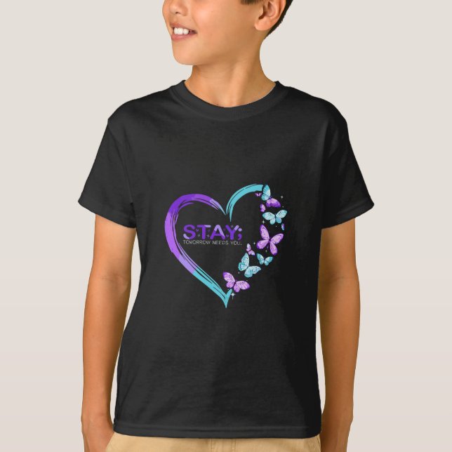 Camiseta Prevención del Suicidio Mariposa Corazón Permanece (Anverso)