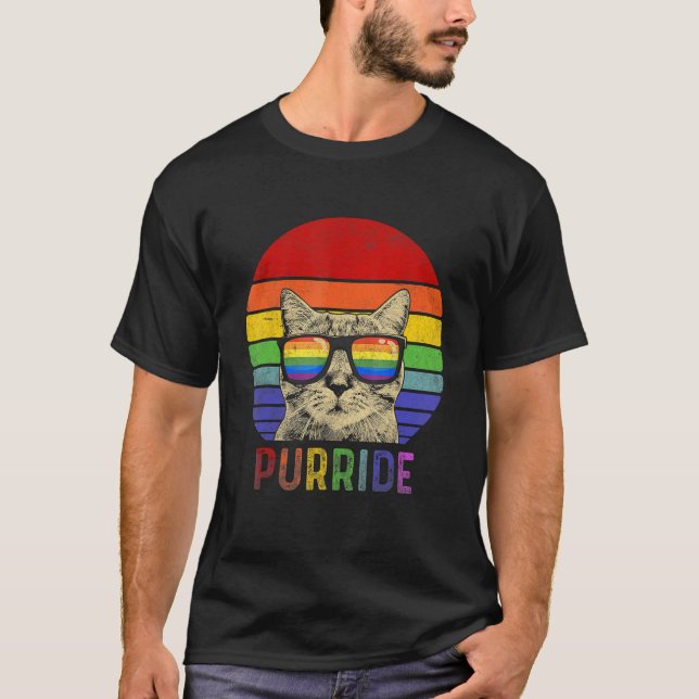Camiseta Pride Cat Purride Gay LGBTQ Rainbow Flag Retro Sty (Anverso)