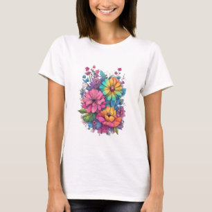 Camiseta Primavera 24 flores, dibujo de líneas, minimalista
