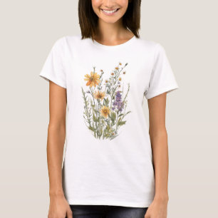 Camiseta Primavera 54 flores, dibujo de líneas, minimalista