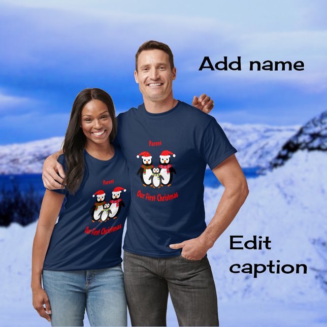 Camiseta Primer pingüino de nombre de agregado navideño (Unisex)