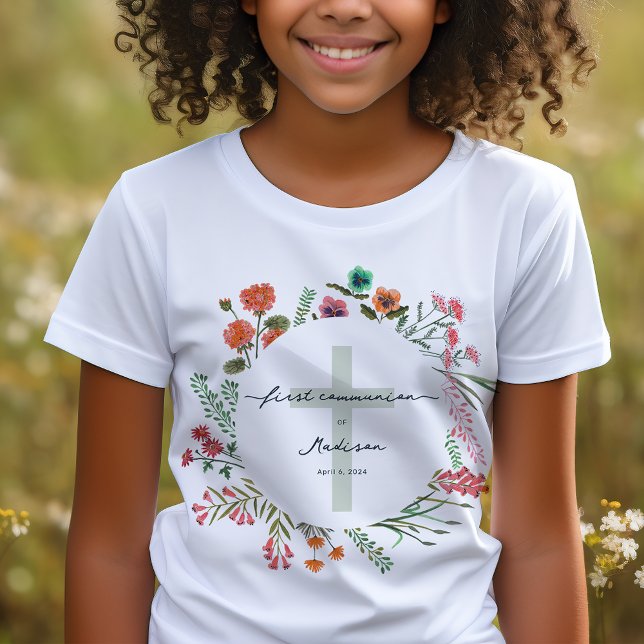 Camiseta Primera Comunión Colorida Flor Silvestre (Colorful Wildflower First Holy Communion T-Shirt)