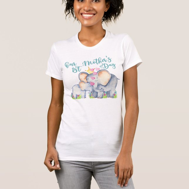Camiseta Primera mamá Día de la Madre y bebé elefante camis (First Mother's Day t-shirt with mommy and baby elephants)