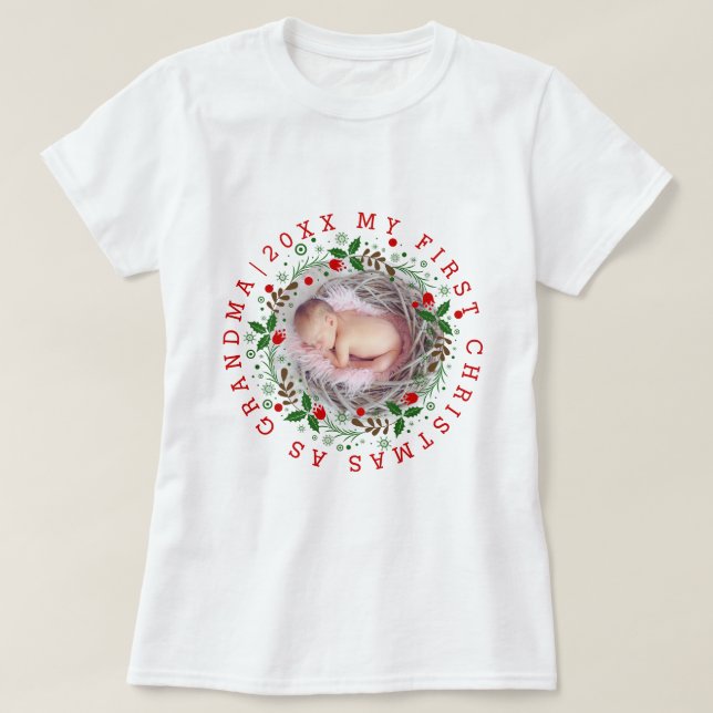 Camiseta Primera Navidad como abuela en rojo (Diseño del anverso)
