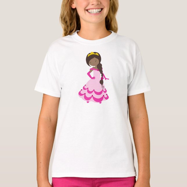 Camiseta Princesa Afroamericana, Corona, Vestido Rosa (Anverso)