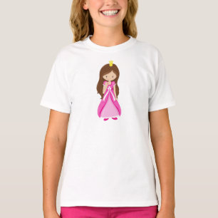 Camiseta Princesa Cuta, Corona, Pelo Marrón, Vestido Rosa
