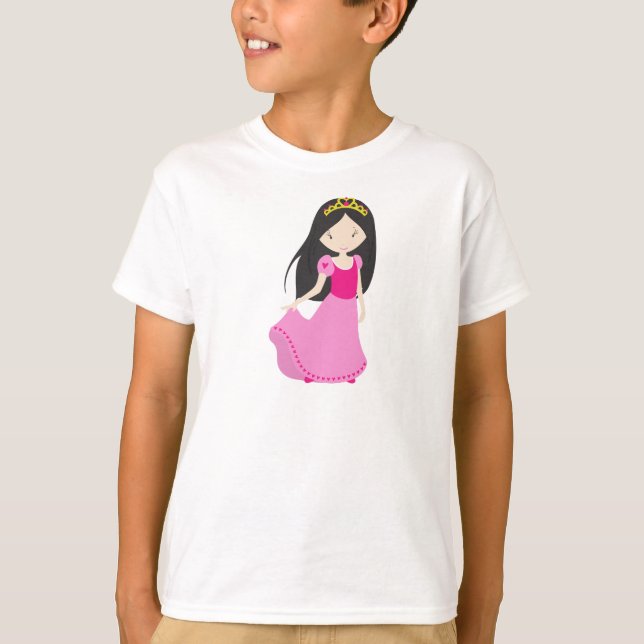 Camiseta Princesa Cuta, Corona, Pelo Negro, Vestido Rosa (Anverso)