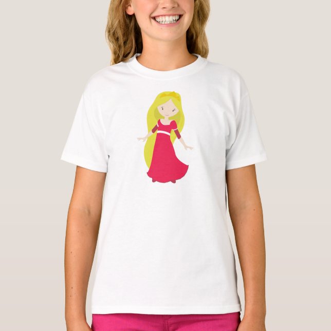 Camiseta Princesa Cuta, Corona, Pelo Rubio, Vestido Rojo (Anverso)