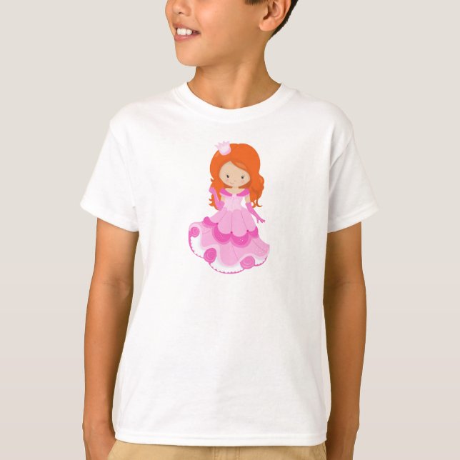 Camiseta Princesa Cuta, Corona, Vestido Rosa, Pelo Naranja (Anverso)