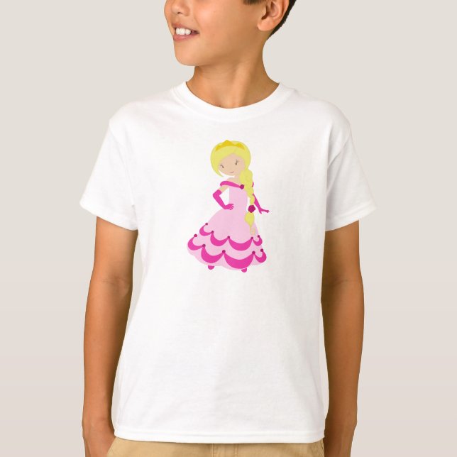 Camiseta Princesa Cuta, Pelo Rubio, Corona, Vestido Rosa (Anverso)