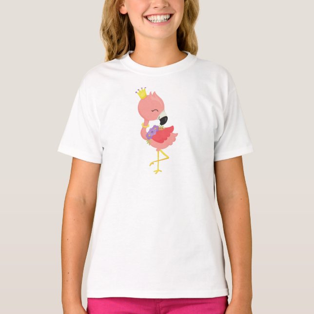 Camiseta Princesa Flamingo, Corta Flamingo, Corona, Flores (Anverso)