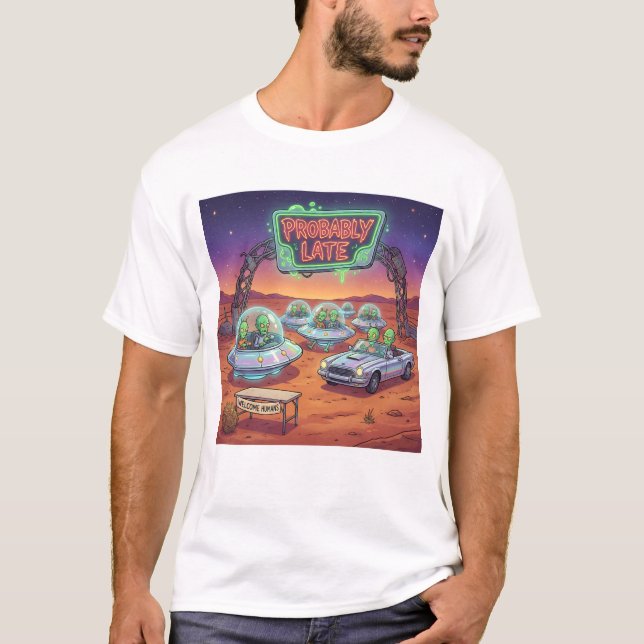 Camiseta Probablemente Tarde – Divertido Coche OVNI Alien E (Anverso)