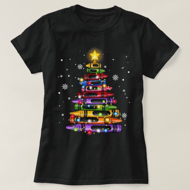 Camiseta Profesor Crayon Árbol de Navidad enciende escuela  (Diseño del anverso)