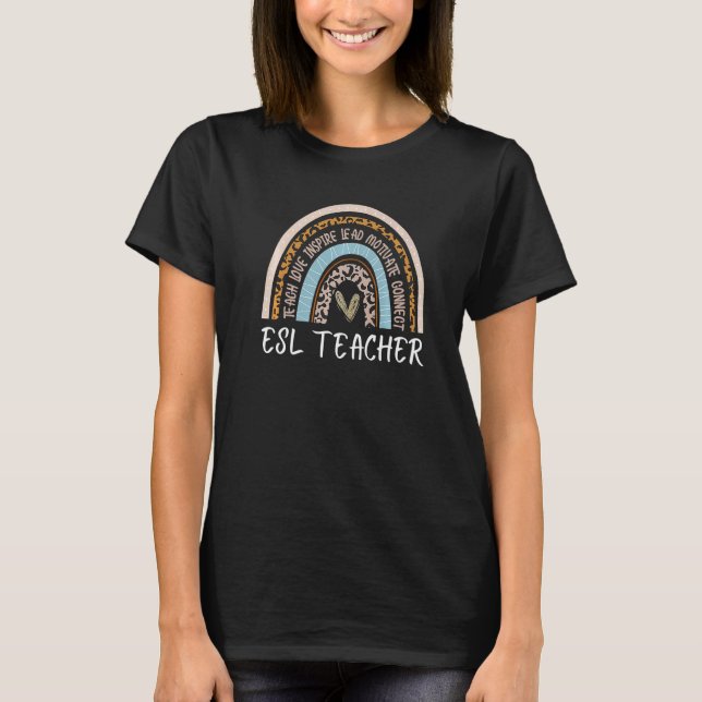 Camiseta Profesor de ESL Boho Leopardo Arcoíris Enseña Amor (Anverso)