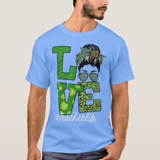 Camiseta Profesor de St Patricks Messy Bun Love Leopard Sha