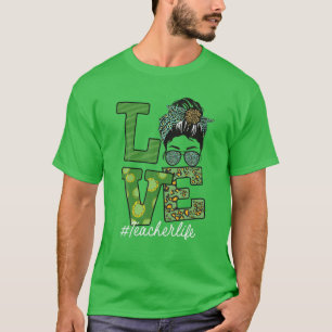 Camiseta Profesor de St Patricks Messy Bun Love Leopard Sha