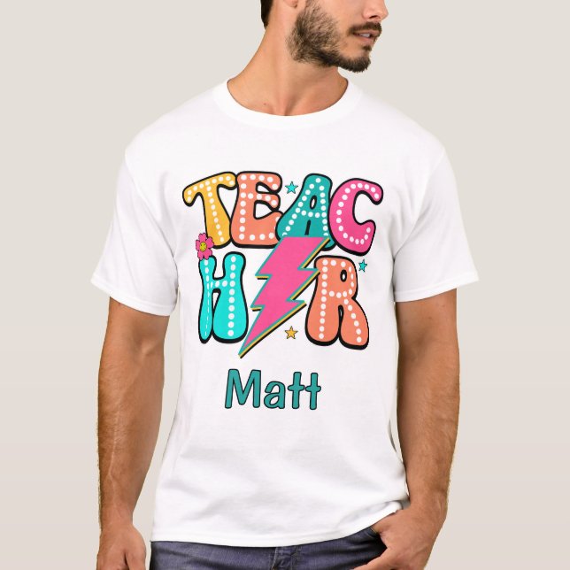 Camiseta Profesor Retro Perno Relámpago Cara Sonriente Flor (Anverso)