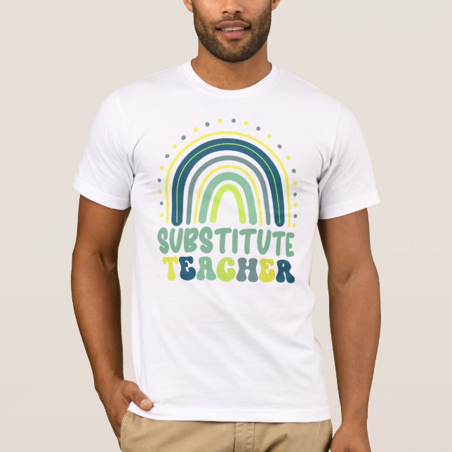 Camiseta profesor sustituto boho arco iris retro azul verde (Anverso)