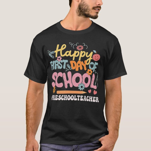 Camiseta Profesora de Preescolar Feliz Primer Día de Flor E (Anverso)
