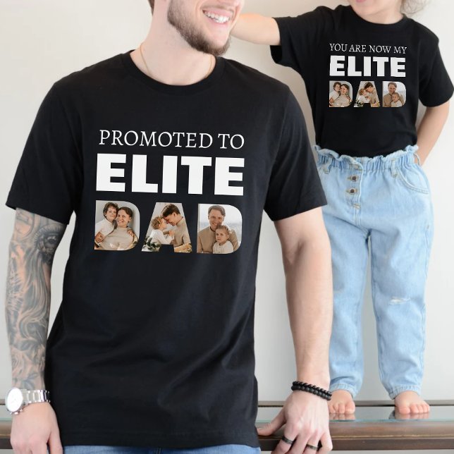 Camiseta Promocionado a Elite Dad Collage de fotos Black (Promoted to Elite Dad Photo Collage Black T-Shirt
)