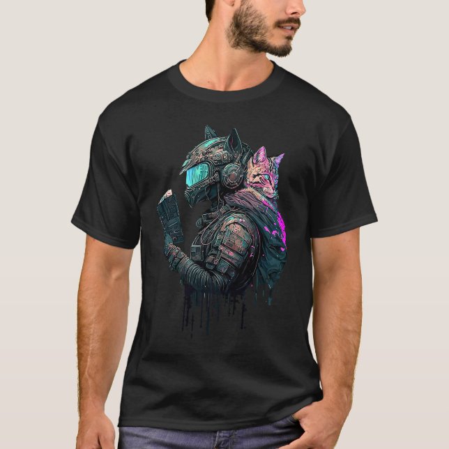 Camiseta Protector de gato cibernético Punk Synthwave Leyen (Anverso)