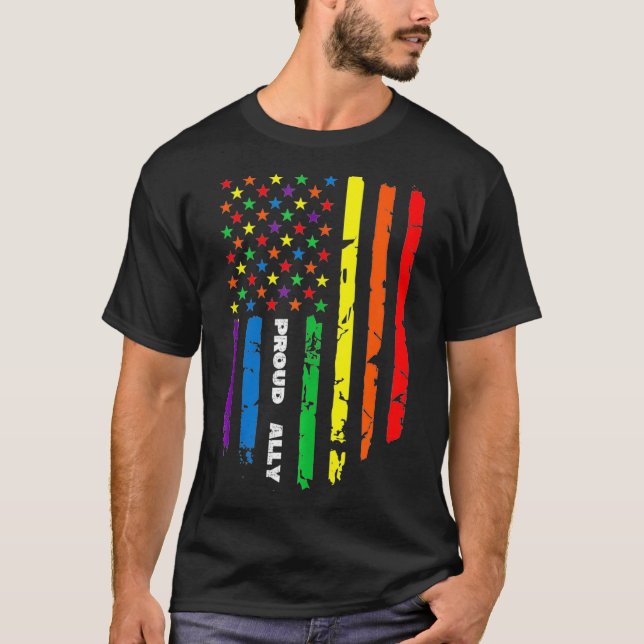 Camiseta Proud Ally Rainbow Gay American Flag LGBT Pride mo (Anverso)