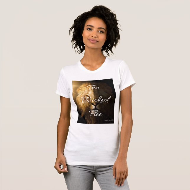 Camiseta Proverbios de la Huida Malvada 28:1 Mujeres de KJV (Anverso completo)