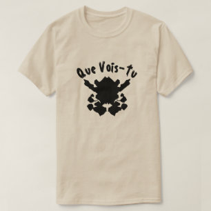 Camiseta prueba de sangre de tinta con texto Que Vois-Tu