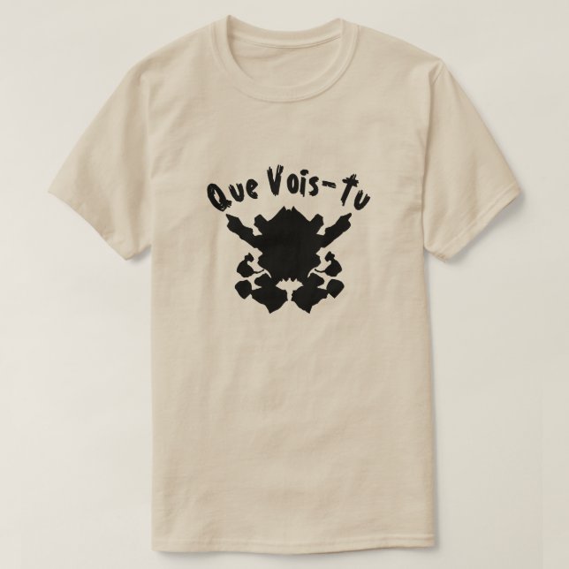 Camiseta prueba de sangre de tinta con texto Que Vois-Tu (Diseño del anverso)