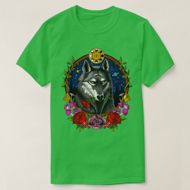 Camiseta Psicodelia Lobo Lobo Animal Moon Phases Fantasía (Diseño del anverso)
