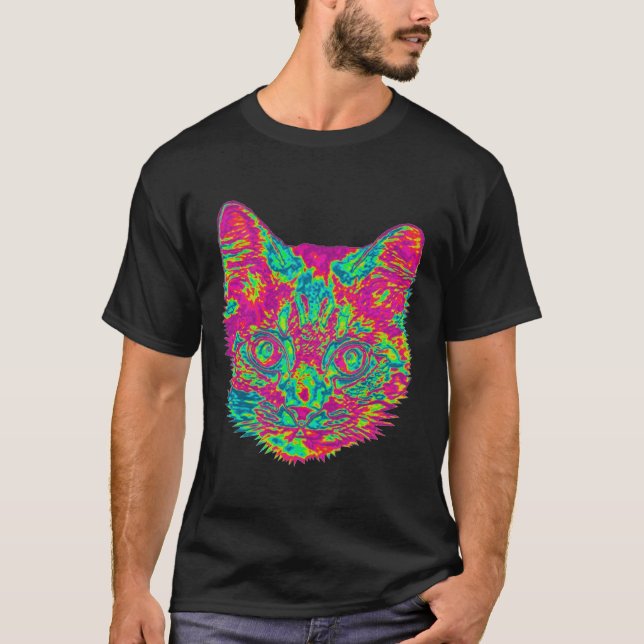 Camiseta psicodélica del gato - negro (Anverso)