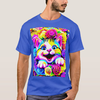 Camiseta Psicodélico gato arco iris en un floreciente jardí