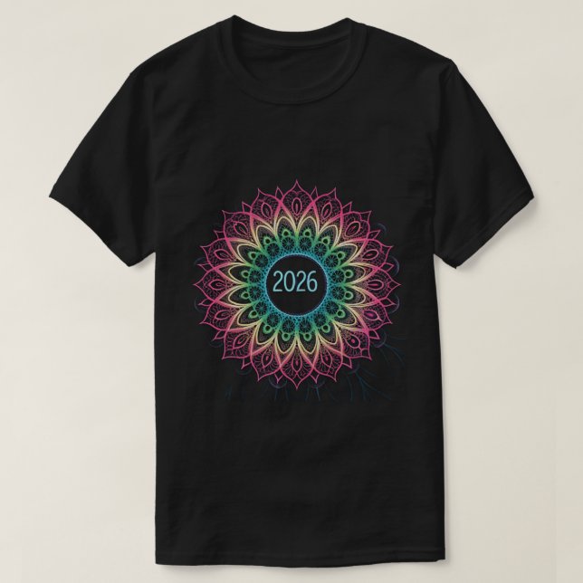 Camiseta Psychedelic Fractal Mandala 2026 Design with Neon  (Diseño del anverso)