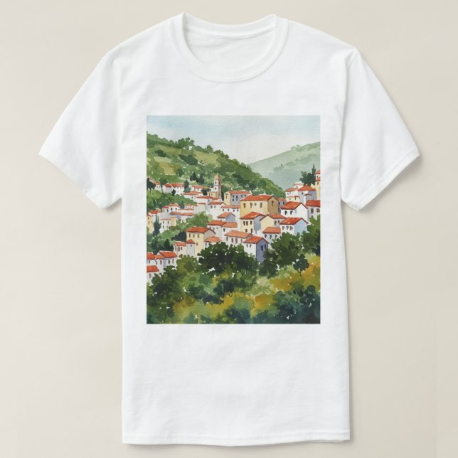 Camiseta Pueblo en una colina verde (Diseño del anverso)