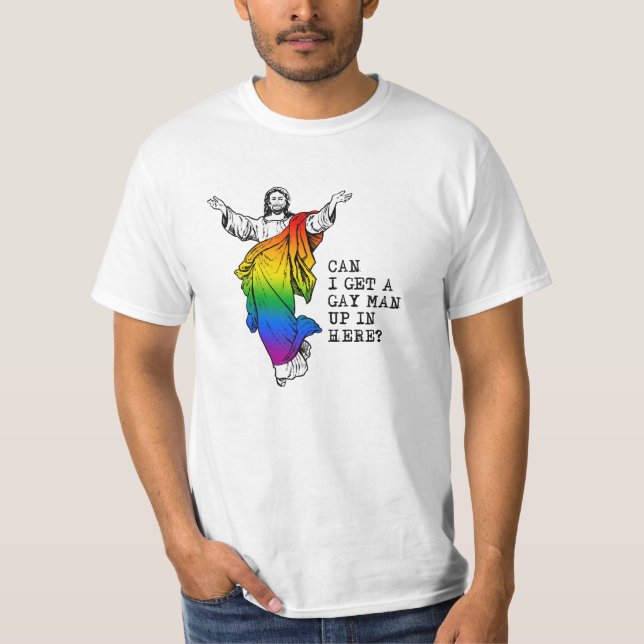 Camiseta ¿Puedo conseguir un hombre gay aquí? (Anverso)