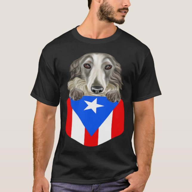 Camiseta Puerto Rico Flag Borzoi Dog In Pocket (Anverso)
