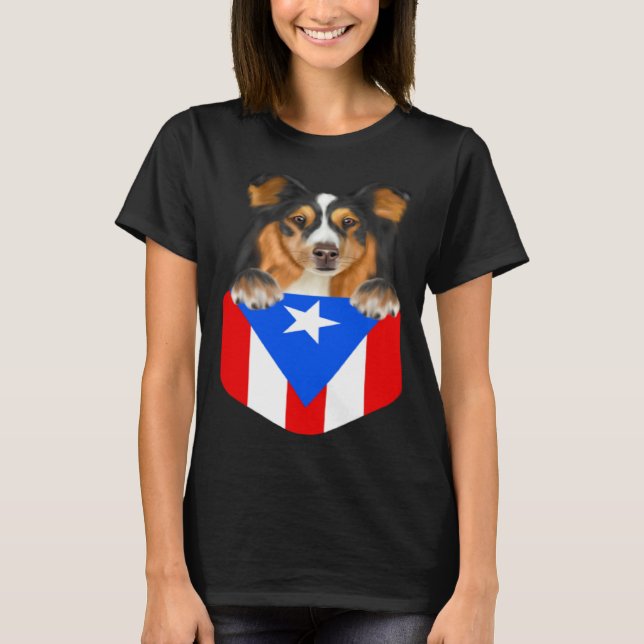 Camiseta Puerto Rico Flag Shetland Sheepdog Dog In Pocket (Anverso)