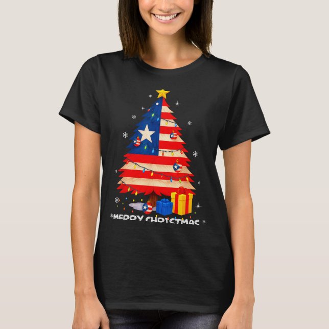 Camiseta Puerto Rico Flag Tree Lights Christmas Pajamas -co (Anverso)