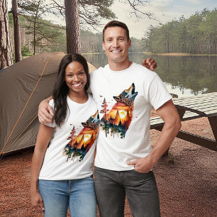 Camiseta Puesta de sol de doble exposición de lobo