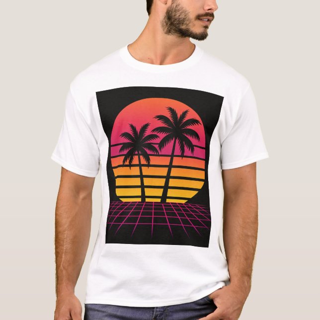 Camiseta puesta de sol de neón con palmeras (Anverso)
