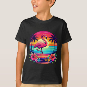 Camiseta Puesta de sol de playa con palmera Flamenco rosa t