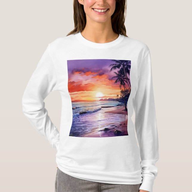 Camiseta Puesta de sol en la playa tropical #1 Tee de manga (Anverso)
