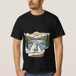 Camiseta Puesta de sol en lago de montaña con perro y gato