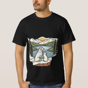 Camiseta Puesta de sol en lago de montaña con perro y gato