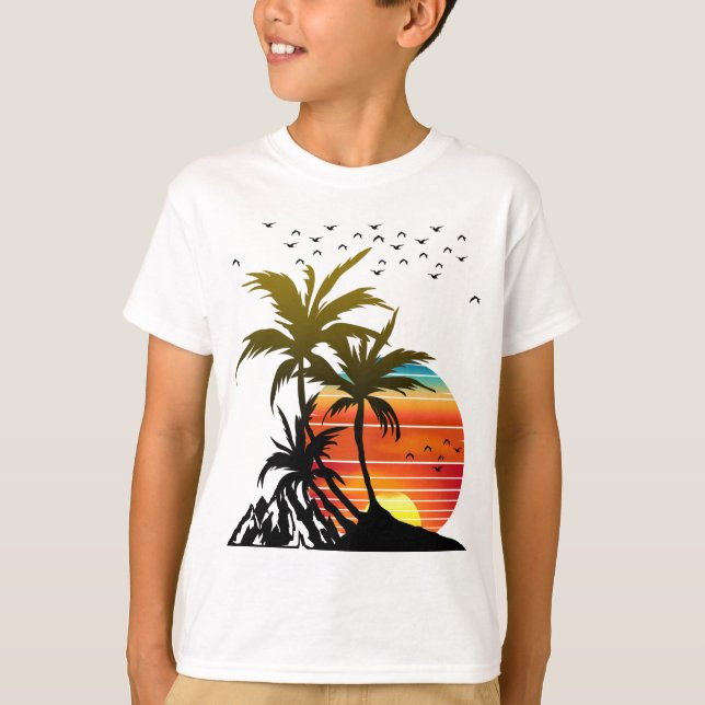 Camiseta Puesta de Sol Montaña Palmeras Retro (Anverso)