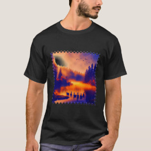 Camiseta Puesta de sol naranja colorida con patos en un est
