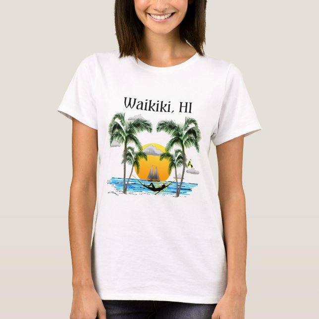 Camiseta Puesta del sol Waikiki Hawaii de la playa (Anverso)