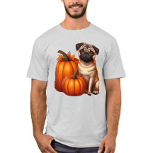 Pug Adorable sentado al lado de calabazas con hoja