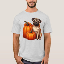 Camiseta Pug Adorable sentado al lado de calabazas con hoja