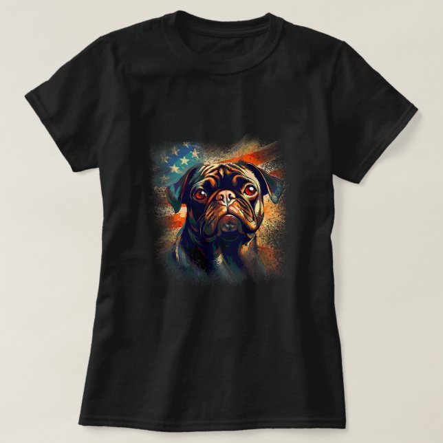 Camiseta Pug americano con bandera en el fondo Patriótico (Diseño del anverso)